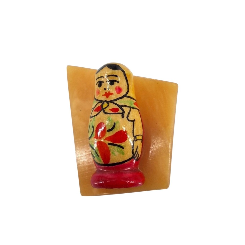 Vintage Russian Matryoshka Doll Wood Brooch Resin‎ Folk Art Pin